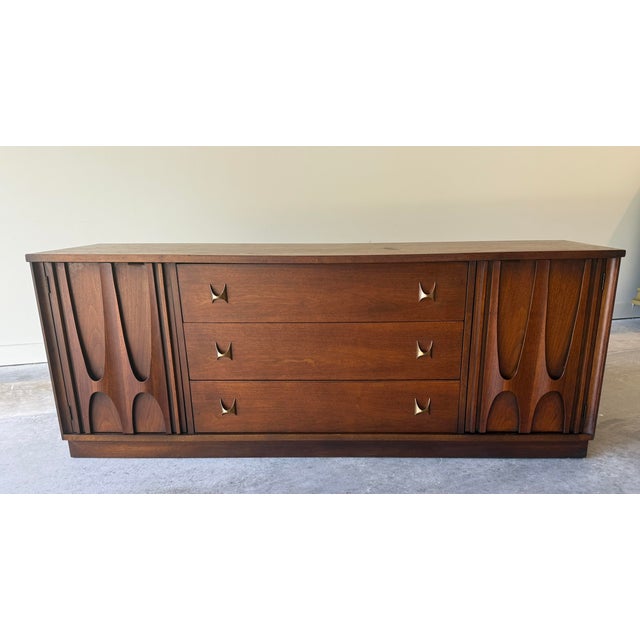 - Mid Century Modern - Brasilia by Broyhill - Raised Solid Wood Door Accents - 3 Drawers with Iconic Brass Drawer Pulls -...