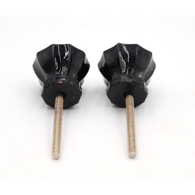 Pair of Vintage 1.125 In. Fluted Black Glass Cabinet Knobs For Sale - Image 4 of 4