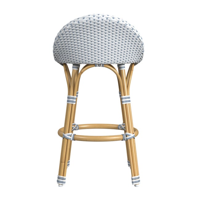 Tobias 24.5 in. Seat Height Outdoor Rattan and Metal Low Back Counter Stool, White/Sky Blue Dot / Natural Rattan Frame For Sale In Chicago - Image 6 of 8