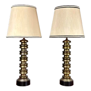 Mid 20th Century Modernist Paul Hanson Style Brass Column Table Lamps—a Pair