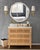 New special order item. Not vintage. BATH VANITY IN CERUSED OAK WITH CANE FRONT DRAWERS, WHITE AND GREY MARBLE TOP, AND...