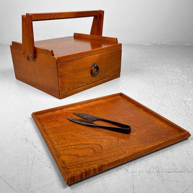Unique wooden sewing box from the 1980s, Japan. Dimensions: height 24 cm, width 32 cm, depth 29 cm. This sewing box...