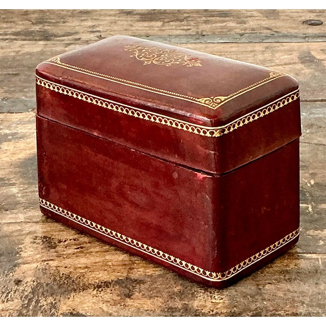 Brown Vintage Gold Embossed Leather Card Box For Sale - Image 8 of 12