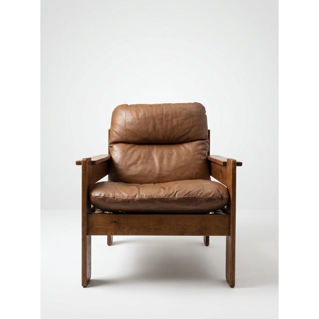 Vintage Brutalist Leather Armchair, 1960s, in Very Good conditions. Designed 1960 to 1969