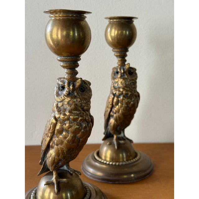 Figurative Pair of Owl Candlesticks For Sale - Image 3 of 10