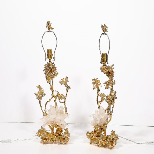 Metal Pair of Exploded Bronze & 24k Gold W/ Rock Crystal Table Lamps by Claude Boeltz For Sale - Image 7 of 12