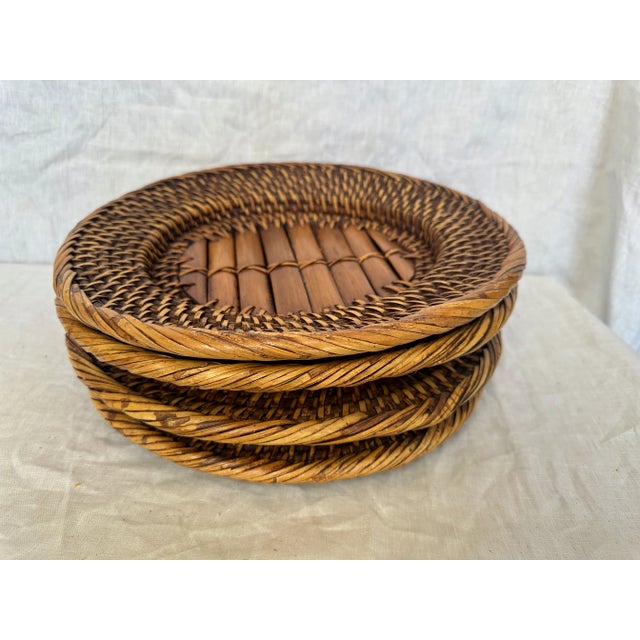 Set of 4 Woven Rattan & Bamboo Plate Chargers. Outer rim in rattan and center is thick bamboo. Great for a tropical party...