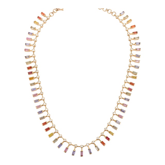 Art Nouveau 8.04 CTW Multi Sapphire and Diamond Wedding Necklace in 14k Solid Yellow Gold For Sale - Image 3 of 11