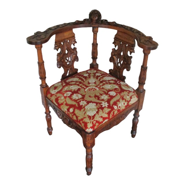Antique Vintage Victorian Carved Walnut Corner Italian Chair Face & Griffons For Sale