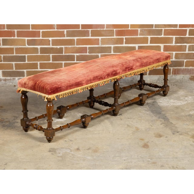 Early 19th Century Italian 1820s Walnut Bench with Red Fabric, Turned Legs and Stretchers For Sale - Image 5 of 11