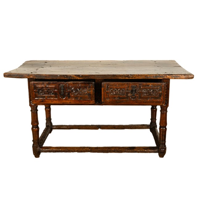Brown Antique Late 16th Century Spanish Baroque Carved Walnut Refectory Console Table Desk 1580 For Sale - Image 8 of 12