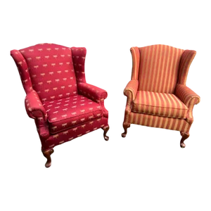 Late 20th Century Pair of Kincaid Co. Queen Anne Style Cherry Upholstered Wingback Armchairs