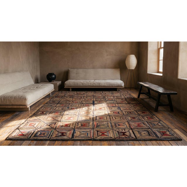 Camel 1920s Multicolor Geometric Folk Art Antique American Hooked Rug 5'6" X 8' Handknotted Wool Carpet For Sale - Image 8 of 8