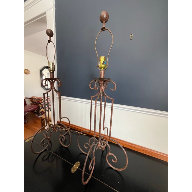 Metal Mid Century Spanish Revival Wrought Iron Table Lamps With Hand Forged Scrollwork For Sale - Image 7 of 8