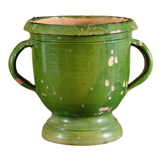 French Provincial 1850s Green Glazed Pottery Jardinière with Distressed Patina For Sale