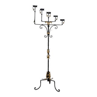 Spanish Revival Hand Forged Iron and Brass Torchère ~ Floor Candelabra For Sale