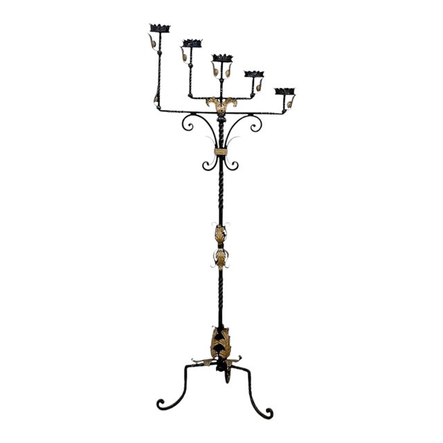 Spanish Revival Hand Forged Iron and Brass Torchère ~ Floor Candelabra For Sale