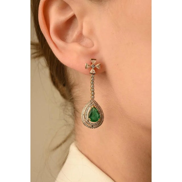 Metal Statement Diamond Natural Emerald Dangle Drop Earrings 14k Solid Yellow Gold- 2 Pieces For Sale - Image 7 of 11