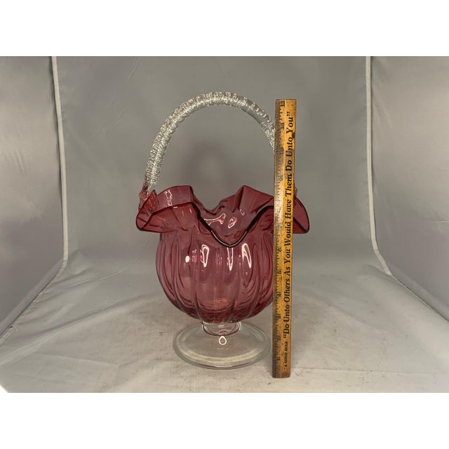 19th Century Victorian Cranberry Glass Basket: Ruffled Edge, Clear Handle, 13" Tall For Sale - Image 10 of 10
