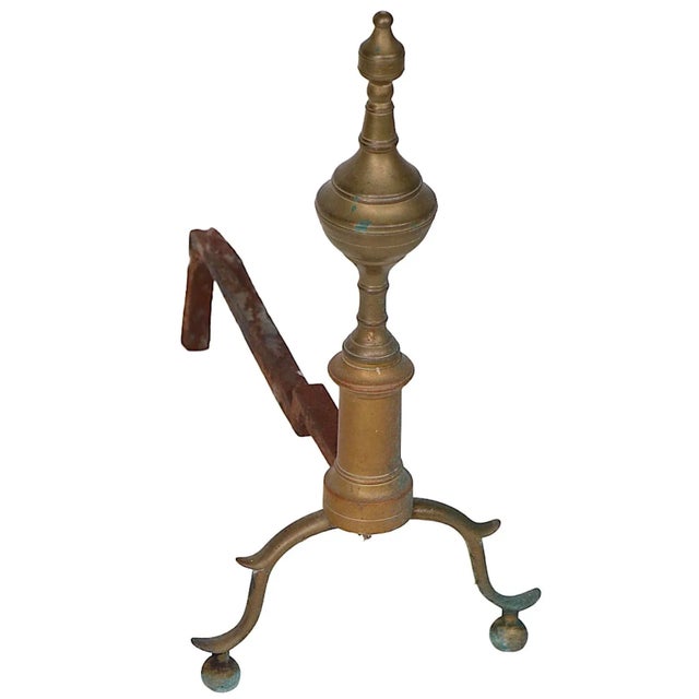 Metal Antique Brass Steeple Form Andirons For Sale - Image 7 of 7