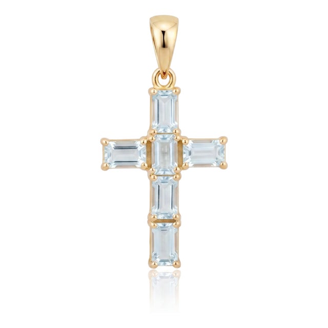Natural Aquamarine Cross Pendant | Aquamarine Cross Charm Pendant | March Birthstone Christian Jewelry For Sale
