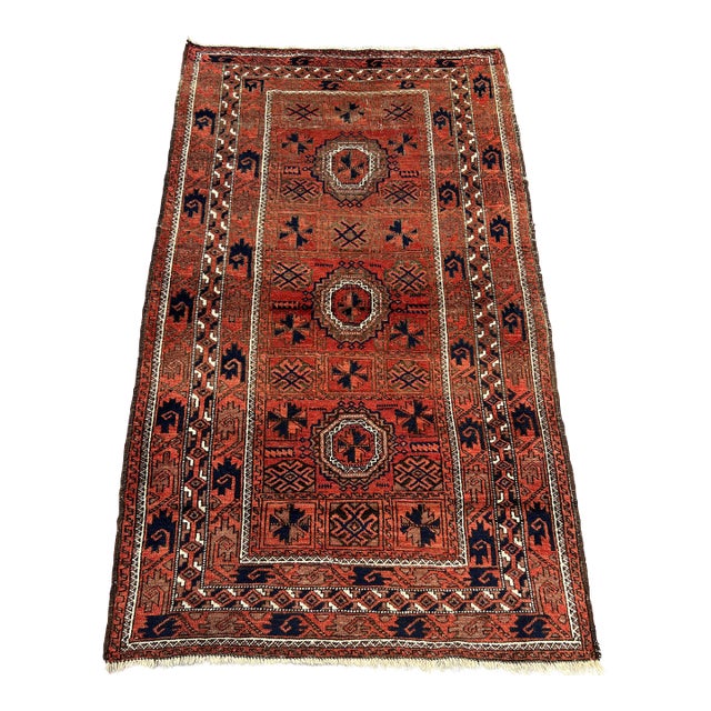 Antique Afghan Baluchi Rug With Geometric Tribal Medallion Design in Terracotta and Navy Rug For Sale