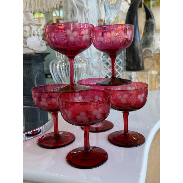 19th Century Set of 6 Antique Baccarat Red to Clear Crystal Champagne Stems For Sale - Image 5 of 10