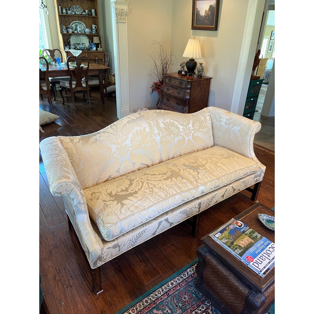 Sofa is upholstered in Schumacher BennetSilk Damask ( 2023). Excellent condition with minor wear on front corner....