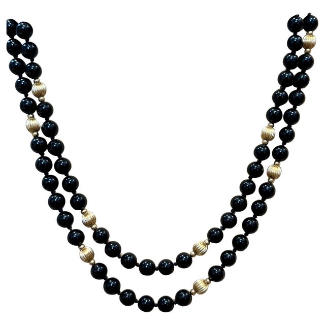 Modern Round Bead Black Onyx & 14 Karat Gold Bead Necklace For Sale - Image 3 of 8
