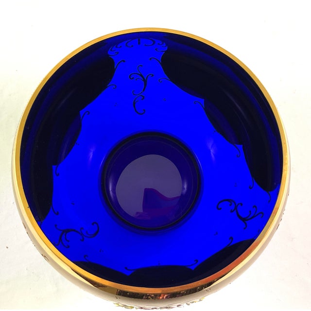 Early 20th Century Bohemian-Hand Blown and Cut, Cobalt Blue, 24 Karat Gold Encrusted Punch Bowl Set- With Enameled Three Dimensional Flowers - 15pcs For Sale - Image 9 of 11