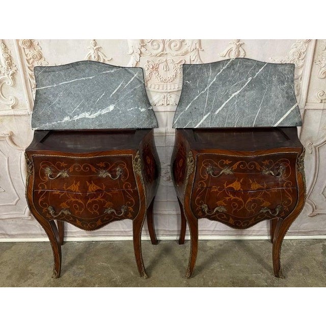 Pair of French Louis XV Style Bombe Nightstands - With Marble Tops For Sale - Image 17 of 18