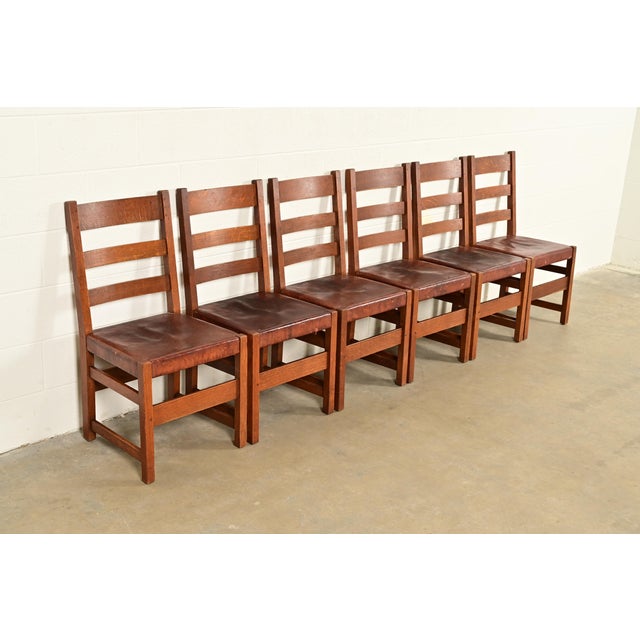 L. & J. G. Stickley Antique Mission Oak Arts & Crafts Ladder Back Dining Chairs | Set of Six For Sale - Image 16 of 16