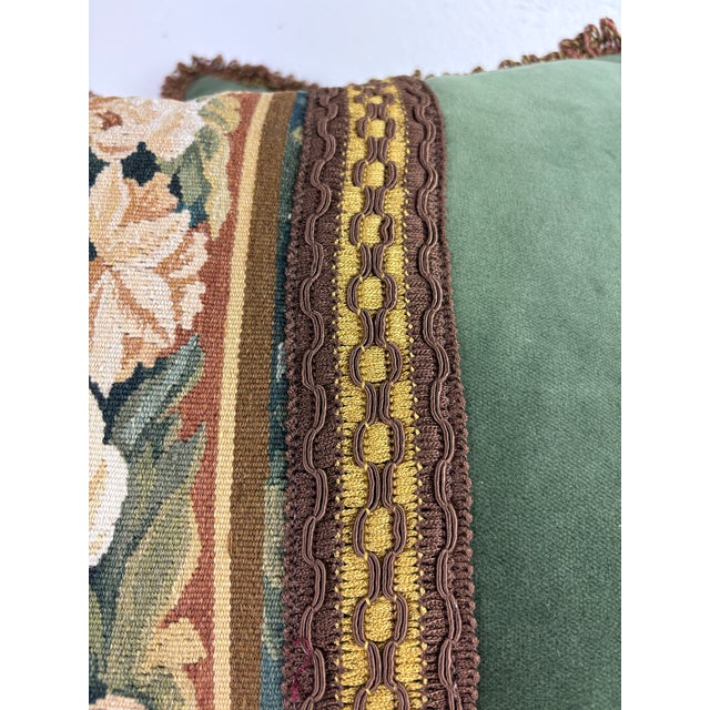 This is a pair of botanical Aubusson tapestry pillows. The center panel of these pillows is a vintage handwoven botanical...