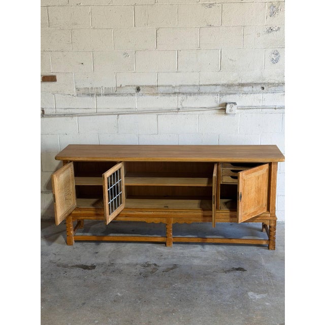 Oak Sideboard Cabinet Leaded Glass Doors in Style of Henning Kjaernulf Denmark 1960s For Sale - Image 9 of 9