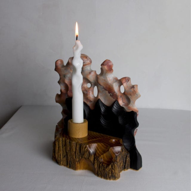 Reclaimed Pine and Pink Marble Candle Holder — Yakisugi Charred, Melting Collection | Gabor Gobi For Sale - Image 6 of 10