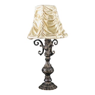 Vintage Bronze Finish Table Lamp With Tufted Shade For Sale