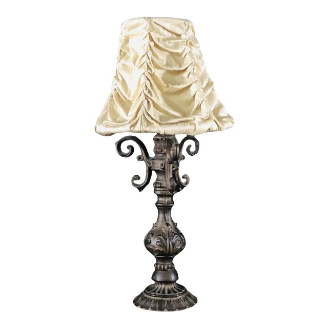 Vintage Bronze Finish Table Lamp With Tufted Shade For Sale