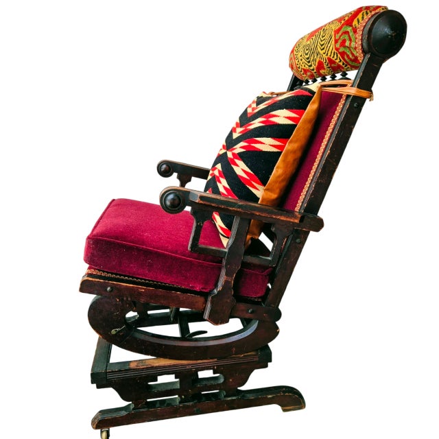 Circa 1860 Victorian Platform Rocker Navaho Blanket Pillow/ Snow Leopard Head Pillow For Sale - Image 12 of 14