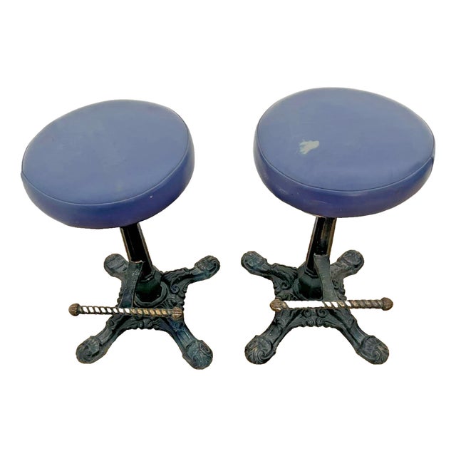 Vintage Cast Iron Bar Stools Barley Twist Footrest Swivel Seat Set of Two For Sale