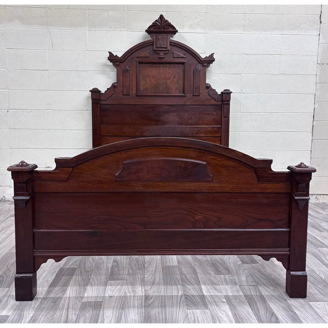 Victorian Antique Full Size Monumental Victorian Renaissance Revival Walnut Burl Wood Bed For Sale - Image 3 of 9