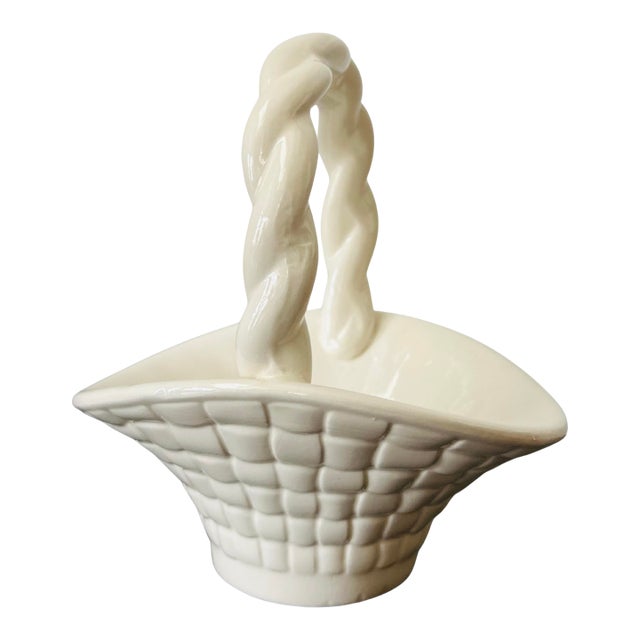 Vintage White Ceramic Basket Weave Bowl With Twisted Handle – Mid-Century Woven Pottery Planter / Decorative Centerpiece For Sale
