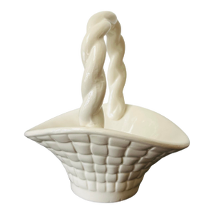 Vintage White Ceramic Basket Weave Bowl With Twisted Handle – Mid-Century Woven Pottery Planter / Decorative Centerpiece