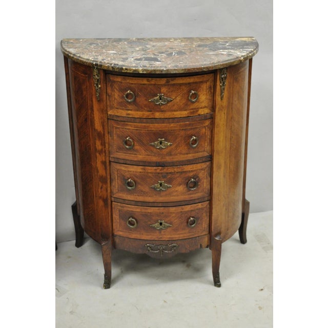 Antique French Louis XV Style Demilune Marble Top 4 Drawer Nightstand Table Pair For Sale - Image 10 of 18