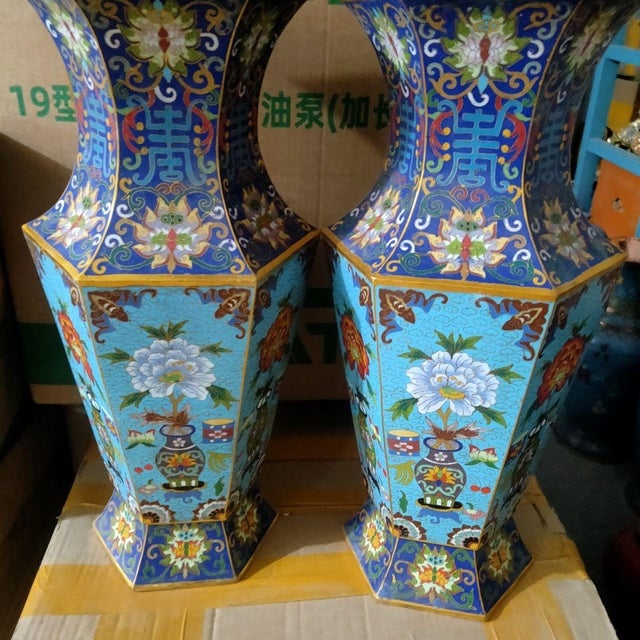 Pair of Large Vintage Cloisonné Enamel Hexagonal Vases – Floral & Scholar's Object Motif For Sale In Los Angeles - Image 6 of 9