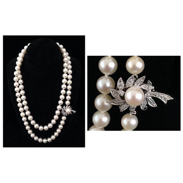 Metal 1950s Akoya Pearls With 14k White Gold & Diamond Clasp 31" For Sale - Image 7 of 8