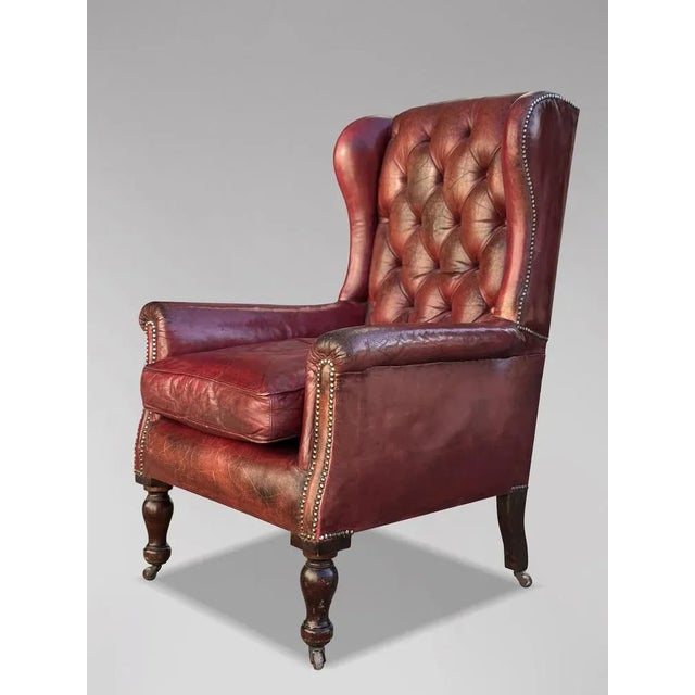 Red Antique Button Wing Armchair in Red Leather, 1880 For Sale - Image 8 of 10