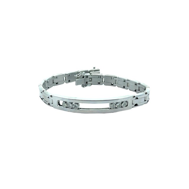 Metal 14k White Gold Diamond Slide-Bezel Link Italian Men's Bracelet For Sale - Image 7 of 9