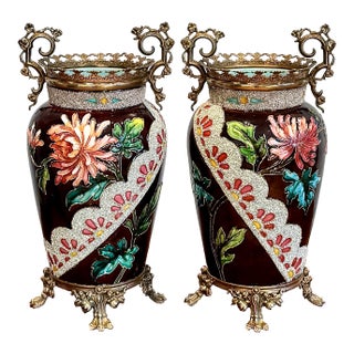 Edouard Gilles Barbotine Vases, Pair, France Circa 1880 For Sale