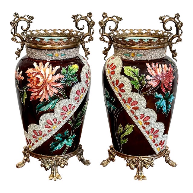 Edouard Gilles Barbotine Vases, Pair, France Circa 1880 For Sale