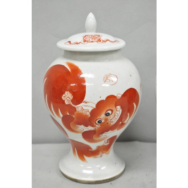 Chinoiserie Vintage Chinese Hand Painted Foo Dog Porcelain Covered Ginger Jar - A Pair For Sale - Image 3 of 17